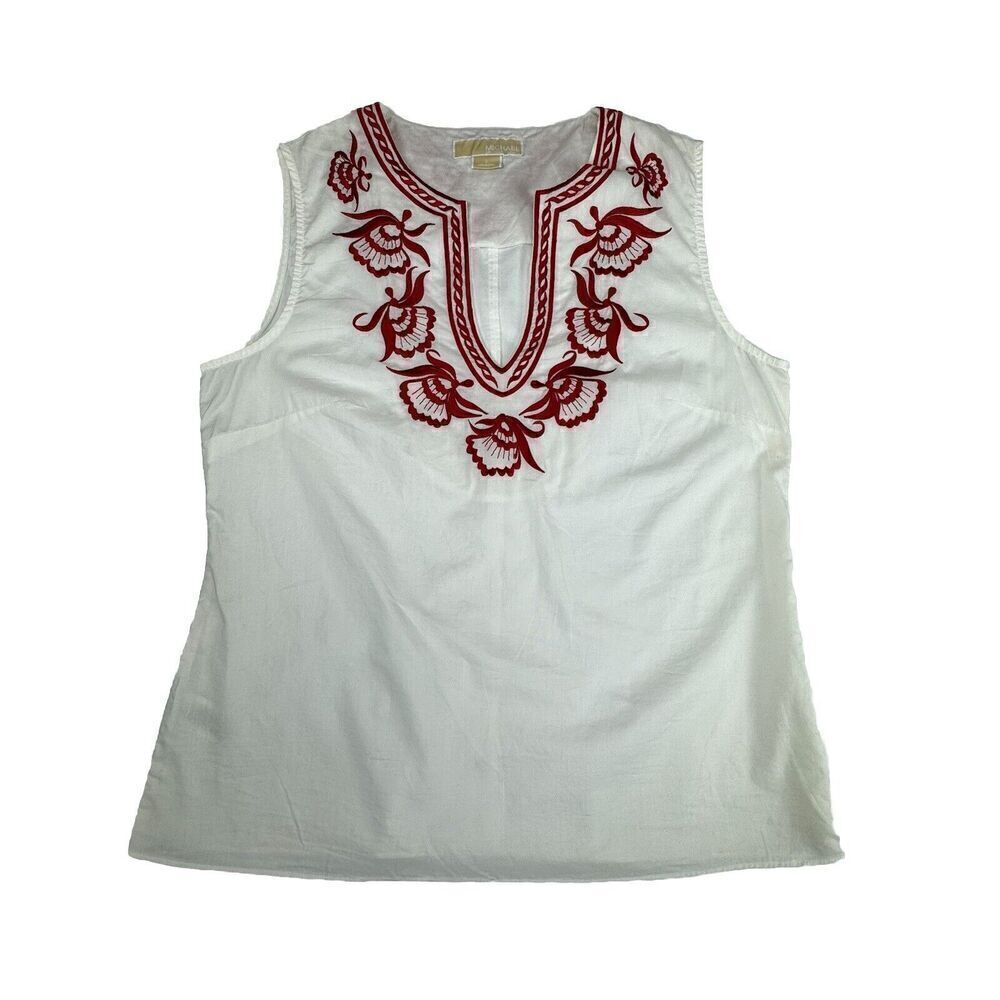 MICHAEL Michael Kors White Cotton Sleeveless Top with Red Embroidery Size 12